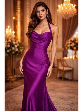 Fashion Nova Halter-Style Purple Satin Maxi Dress Back Zip Sz Lg